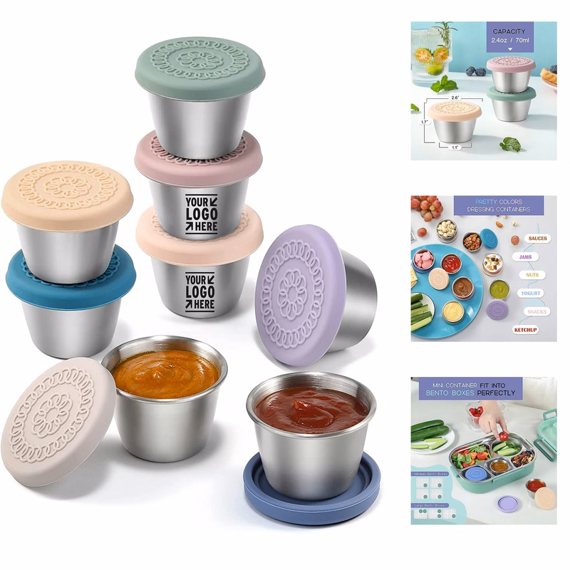 2.4oz Reusable Salad Dressing Small Condiment Stainless Steel Sauce Cup Container with Lid