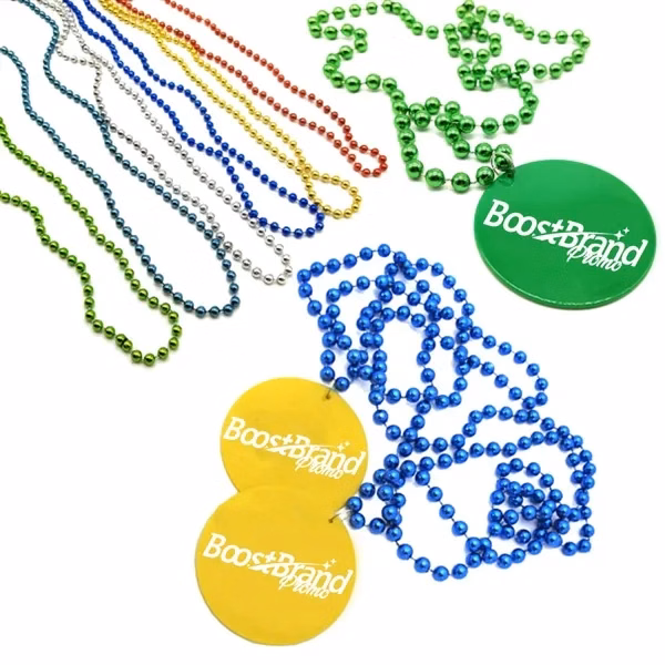 Custom Mardi Gras Bead Necklace with Plastic Medallion — Event Celebration Promo