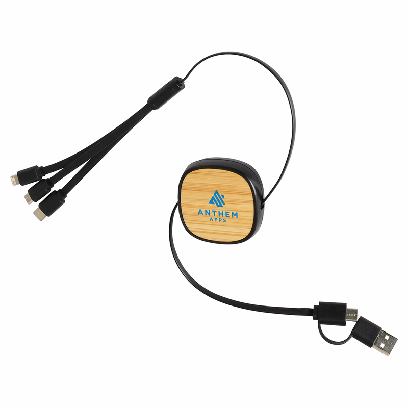 Bamboo Retractable 3-in-1 Charging Cable with Dual Inputs
