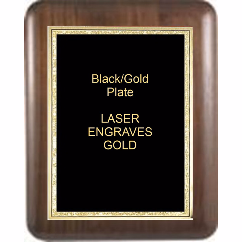 7" x 9" Genuine Walnut Elliptical Edge Round Corner Plaque with a Black Florentine Plate.
