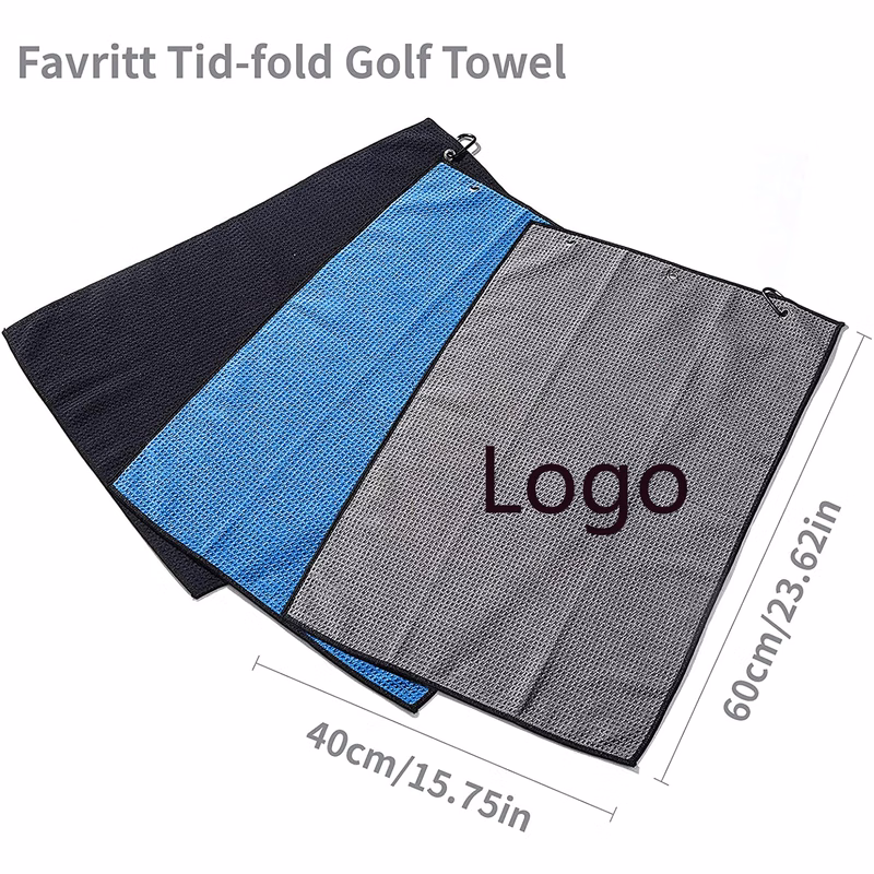 Tri-fold Premium Microfiber Fabric Golf Towel / Heavy Duty Carabiner Clip