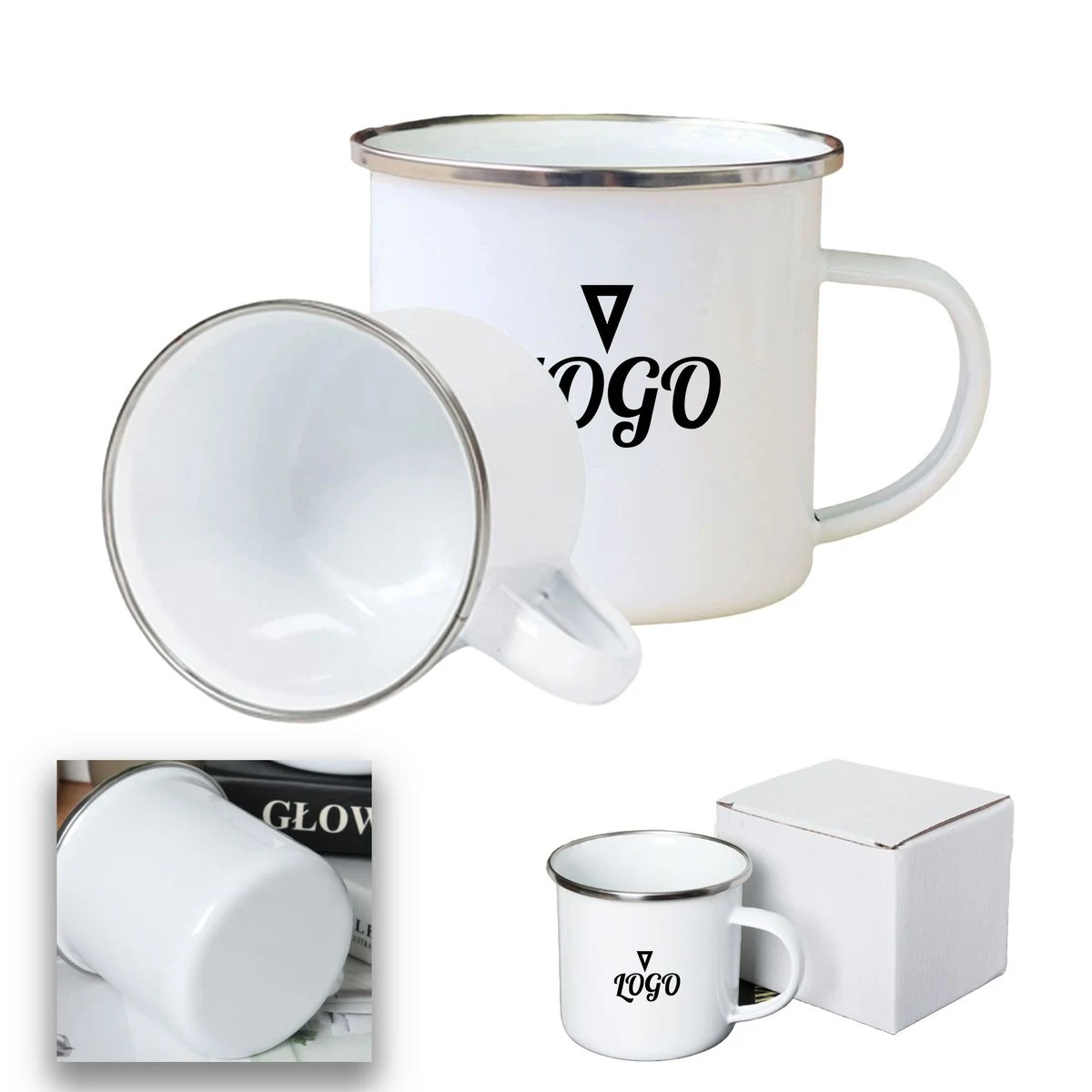 12Oz White Enamel Mug Silver Rim With Case 1