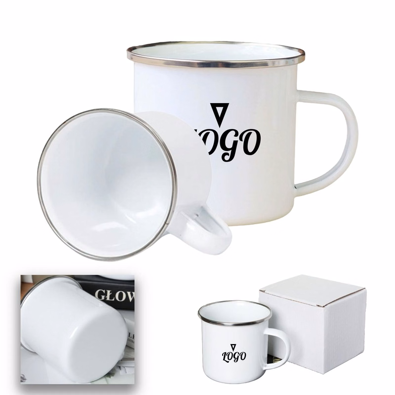 12Oz White Enamel Mug Silver Rim With Case