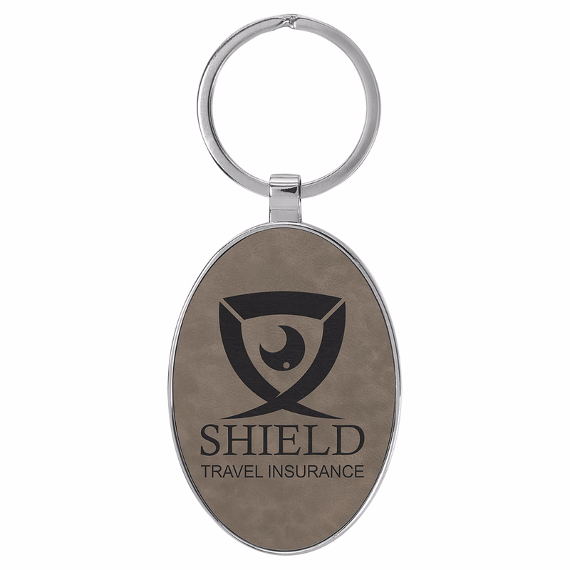 3" x 1 3/4" Leatherette/Metal Gray Oval Keychain