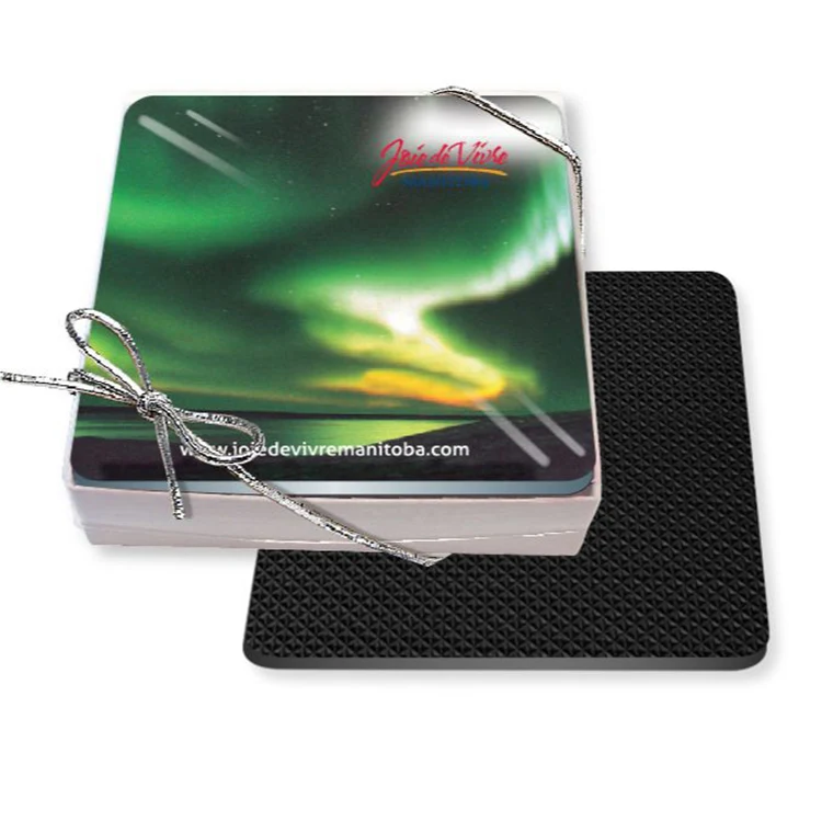 Gift Boxed Set of 4 Premium Square Coasters .020 Gloss Plastic Top & 3/32" Rubber 1