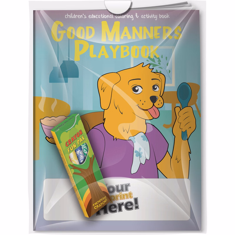 Combo Pack - CB1144 Coloring Book & 4-Pack of Crayons (Imprinted) in a Poly Bag