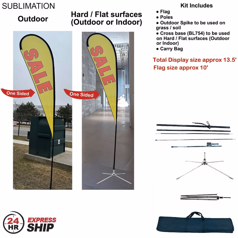 24Hr Express- 13.5' Large Tear Drop Flag Kit, Full Color Graphics One Side, Outdoor & Indoor bases
