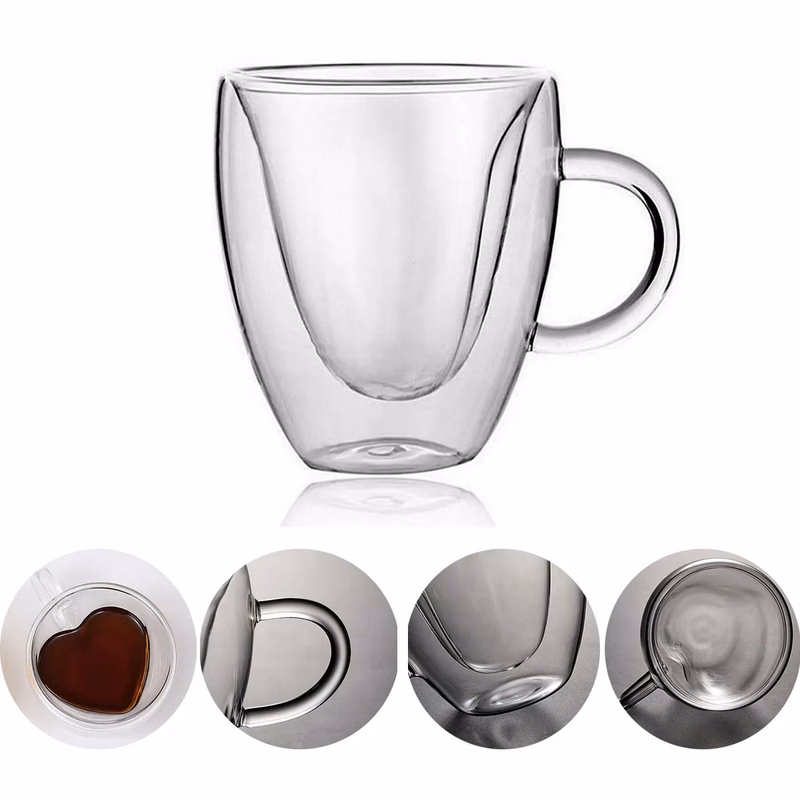 Double Walled Insulated Glass Coffee Mugs with handle