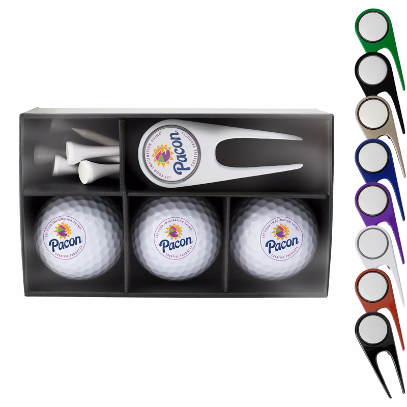 Golf Essentials Combo Gift Box — 3 Golf Balls, Divot Tool & Tees