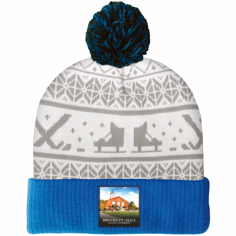Knit Beanie with Pom and Ribbed Cuff (Printed Logo)
