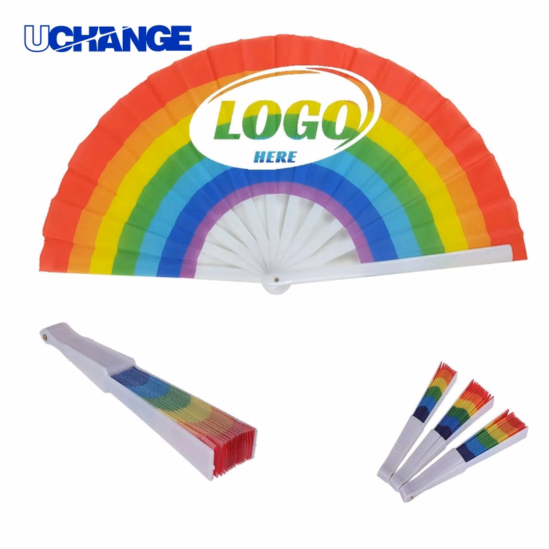 9-Inch Large Rainbow Fabric Folding Hand Fan Tool