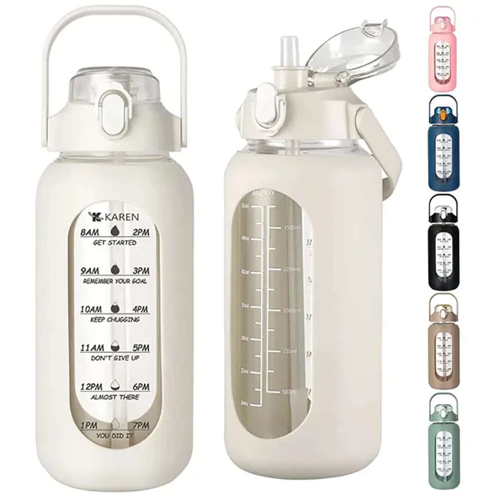 64oz Portable Glass Water Bottle w/ Straw Lid 1