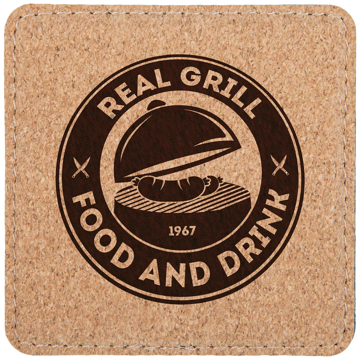 4" x 4" Light Brown Square Cork Coaster with Stitching 1