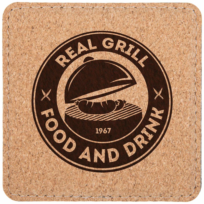 4" x 4" Light Brown Square Cork Coaster with Stitching