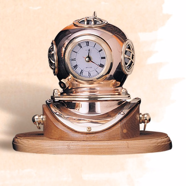 Copper/Brass Helmet Clock on Wood Base