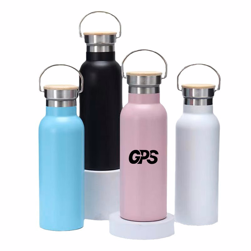 750ml matte paint double wall sport water bottle with bamboo handle lid and wid mouth