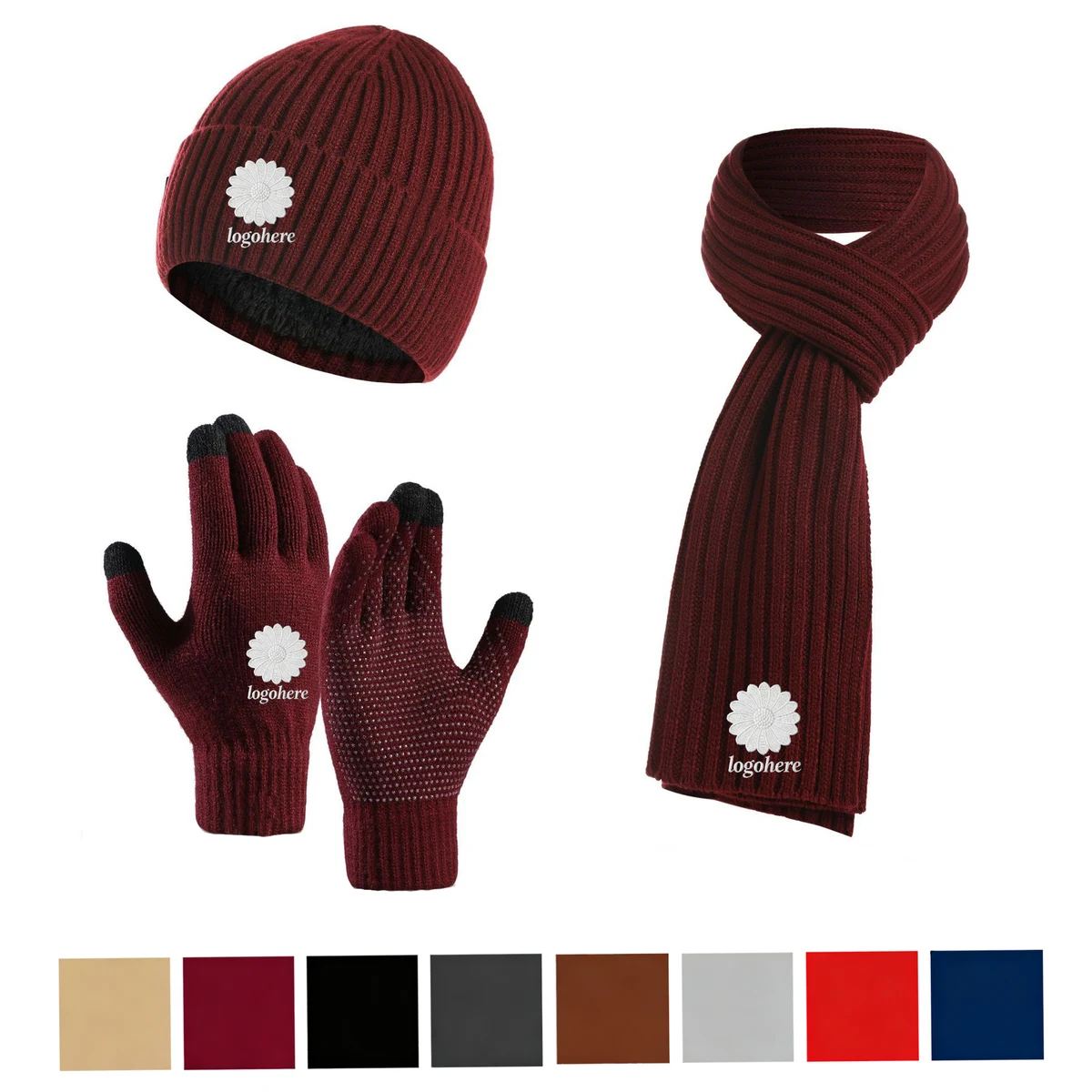 Embroidered Cold Weather Combo, Beanie Scarf Touch Gloves 1