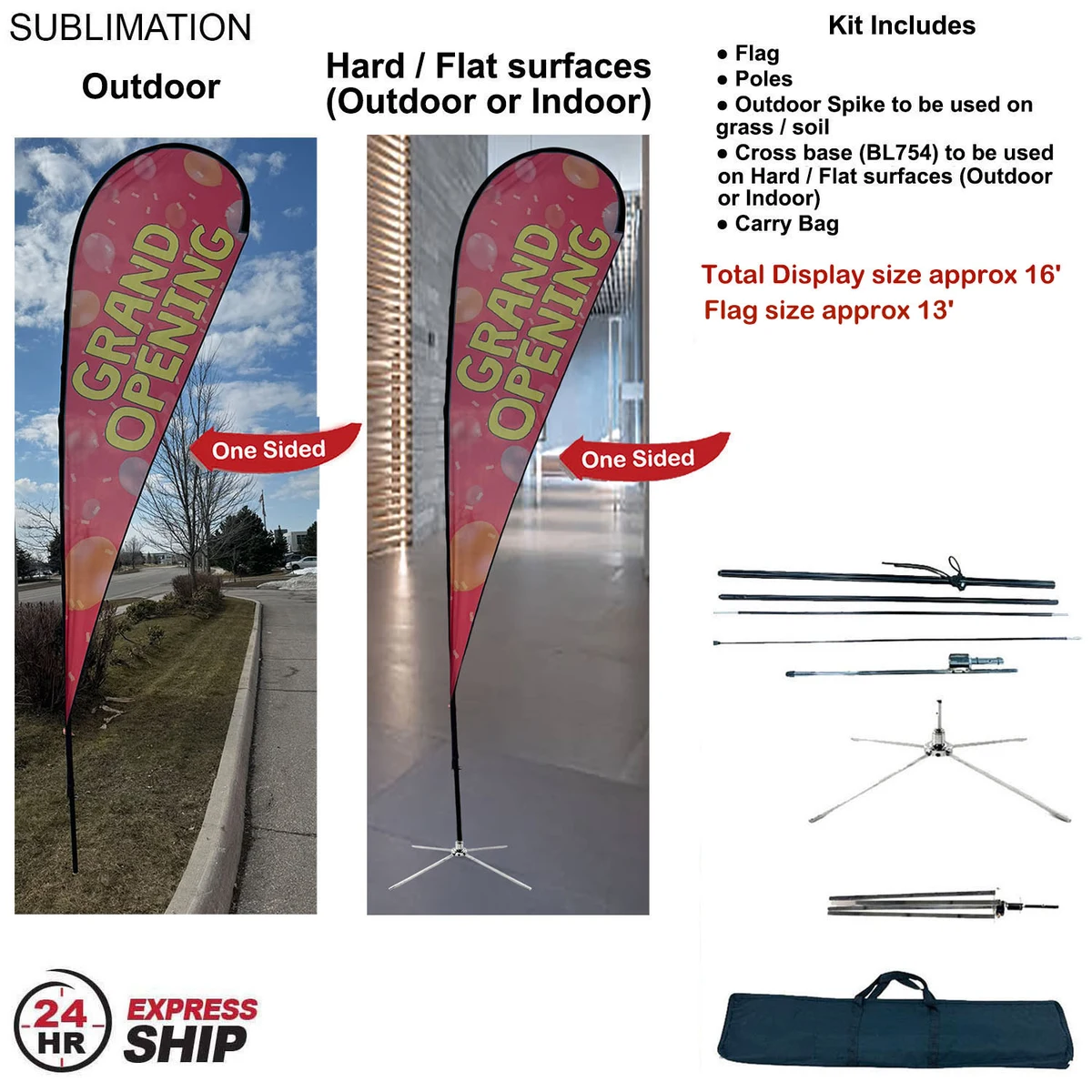 24Hr Express Ship -16' XL Tear Drop Flag Kit, Full Color Graphics One Side, Outdoor & Indoor Use 1
