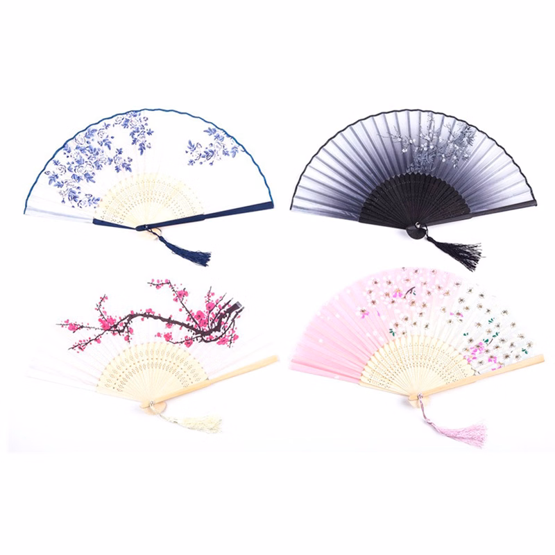 Summer Fancy Silk Fabrics Bamboo Frame Foldable Hand Fan