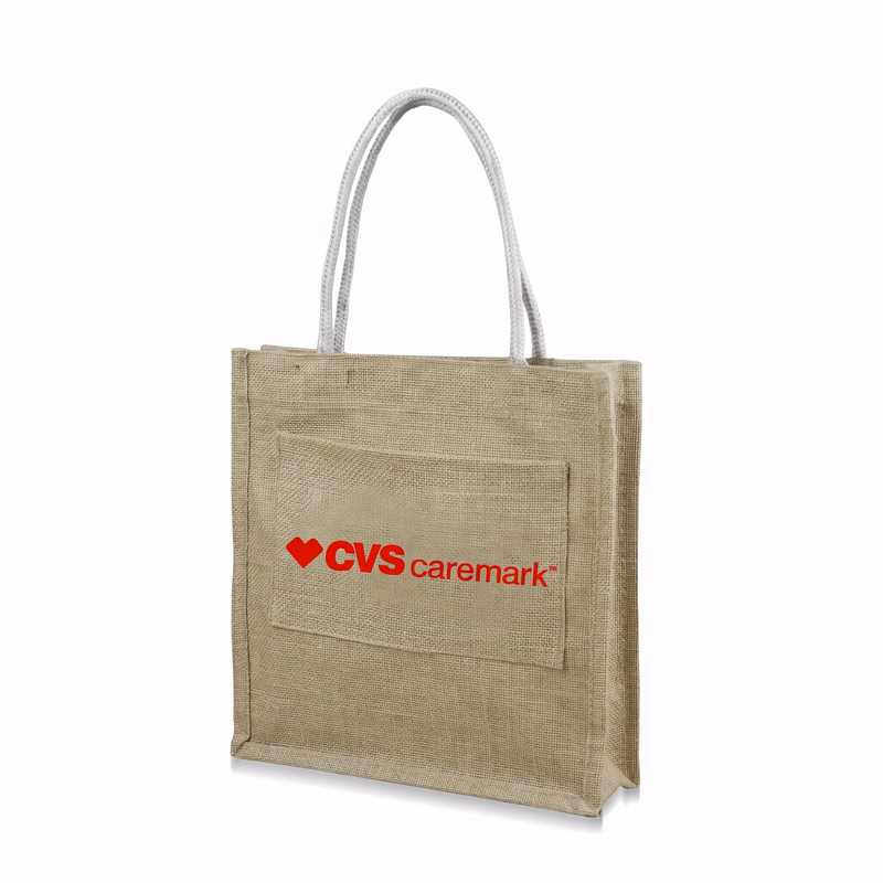Natural Hook & Loop Closure Jute Tote Bag W/ Front Pocket