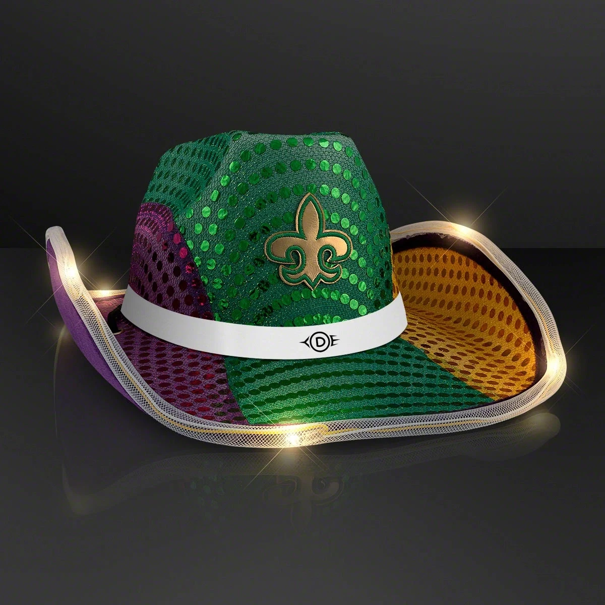 Mardi Gras LED Sequin Cowboy Hat with White Band 1