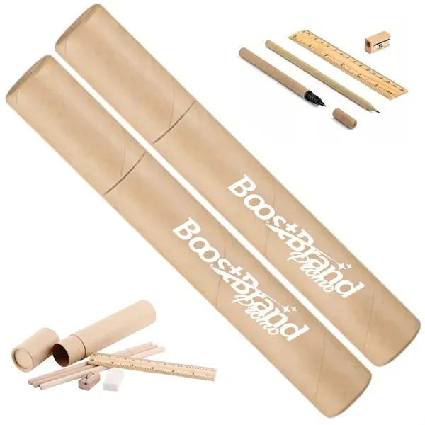 Custom Eco-Friendly Wooden Stationery Set with Tube Storage — Desk Giveaway 1