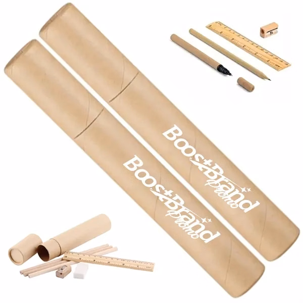 Custom Eco-Friendly Wooden Stationery Set with Tube Storage — Desk Giveaway