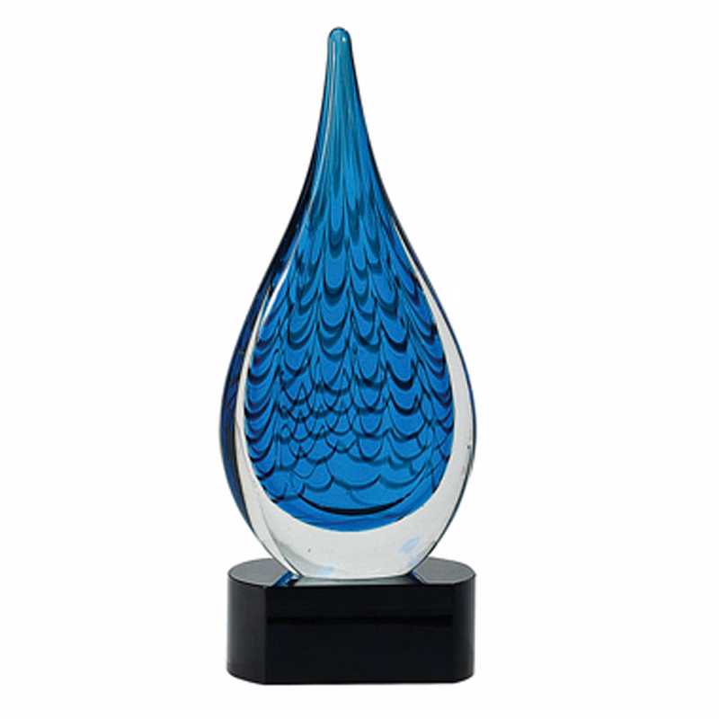 Blue Rain drop Art Glass on Black Base