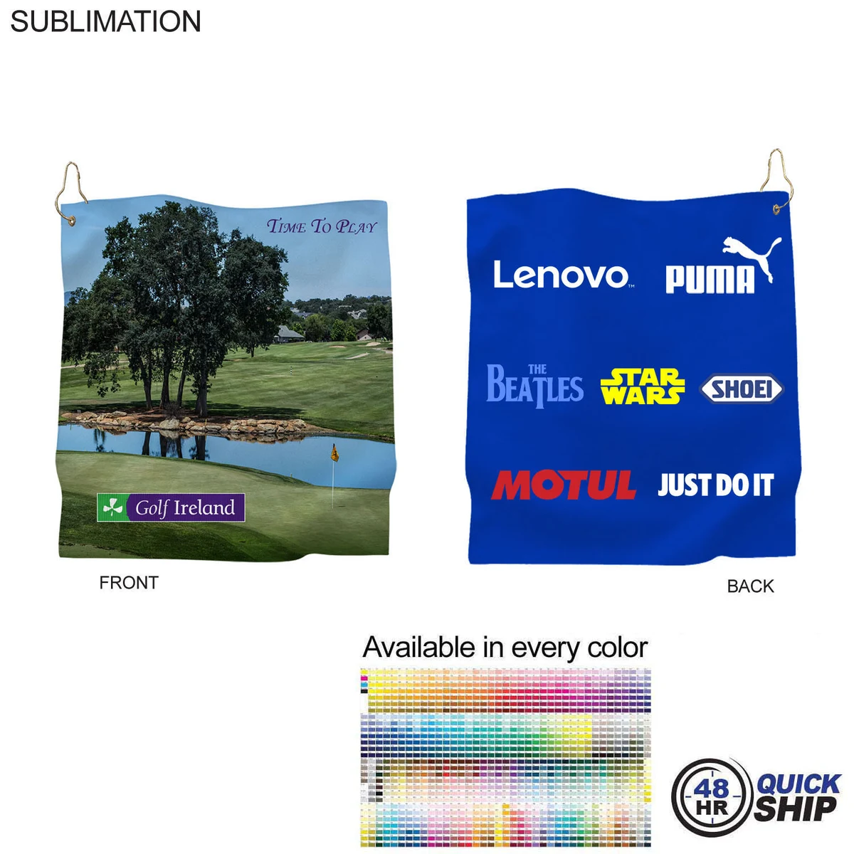 48Hr Quick Ship - Microfiber Suede Shammy Golf Towel, NoFold,Finish size 15x15, Sublimated 2 sides 1