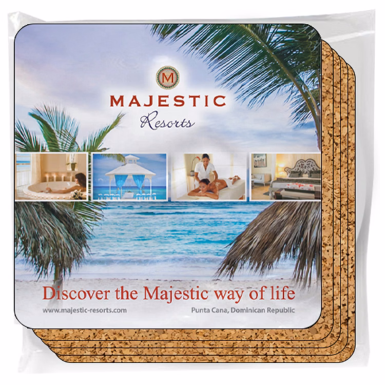 Premium Coaster Set (4), Gloss Co-Polyester & Cork, 3.5" Square, Full Colour