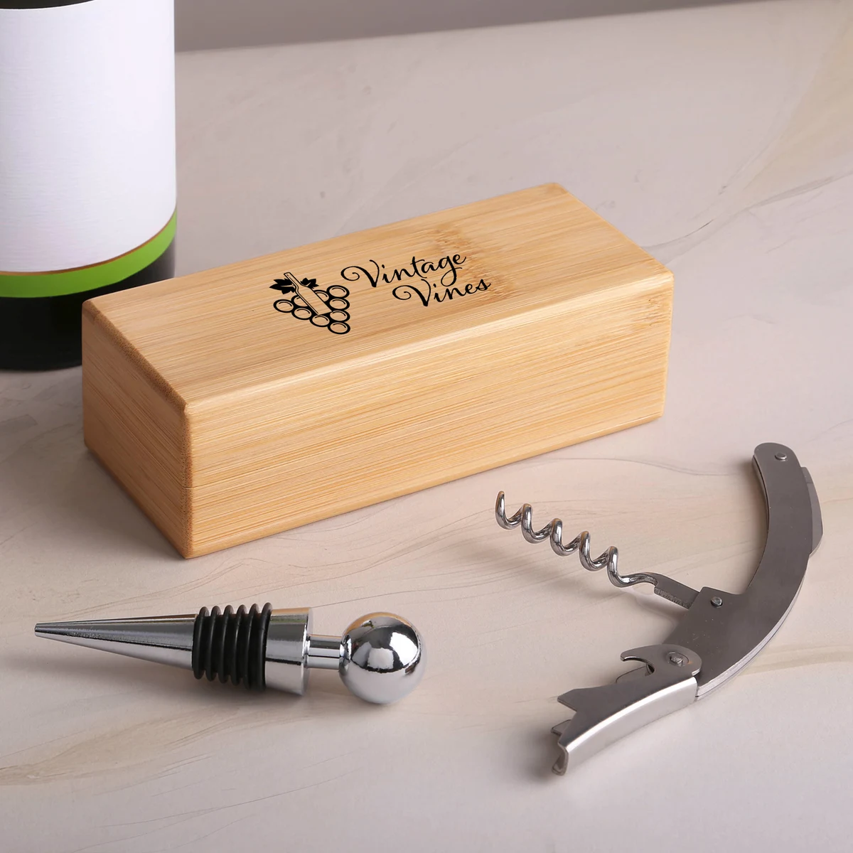 2 Piece Bamboo Wine Opener Set w/Magnetic Closure 1