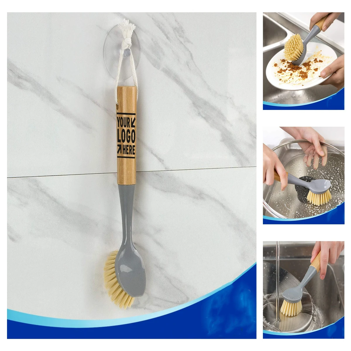 Bamboo Handle Built-in Scraper Dish Scrub Brush 1