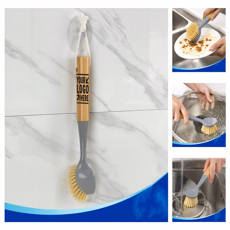 Bamboo Handle Built-in Scraper Dish Scrub Brush