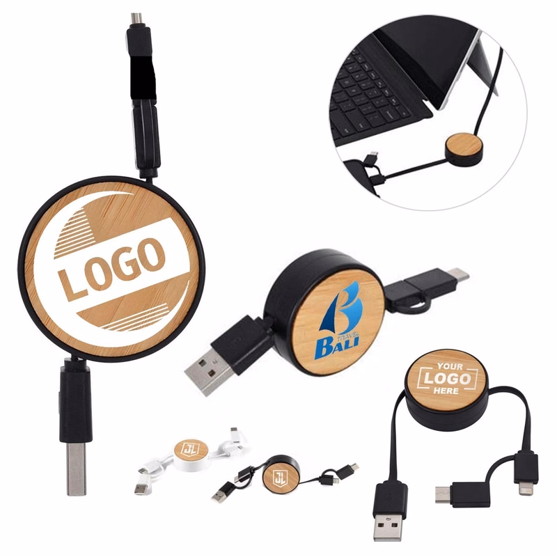 Custom 3-in-1 Advertising Bamboo Retractable Charging Cables