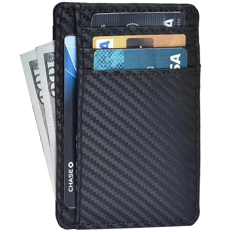 RFID Blocking Slim Leather Wallet Carbon Fiber Card Holder 1