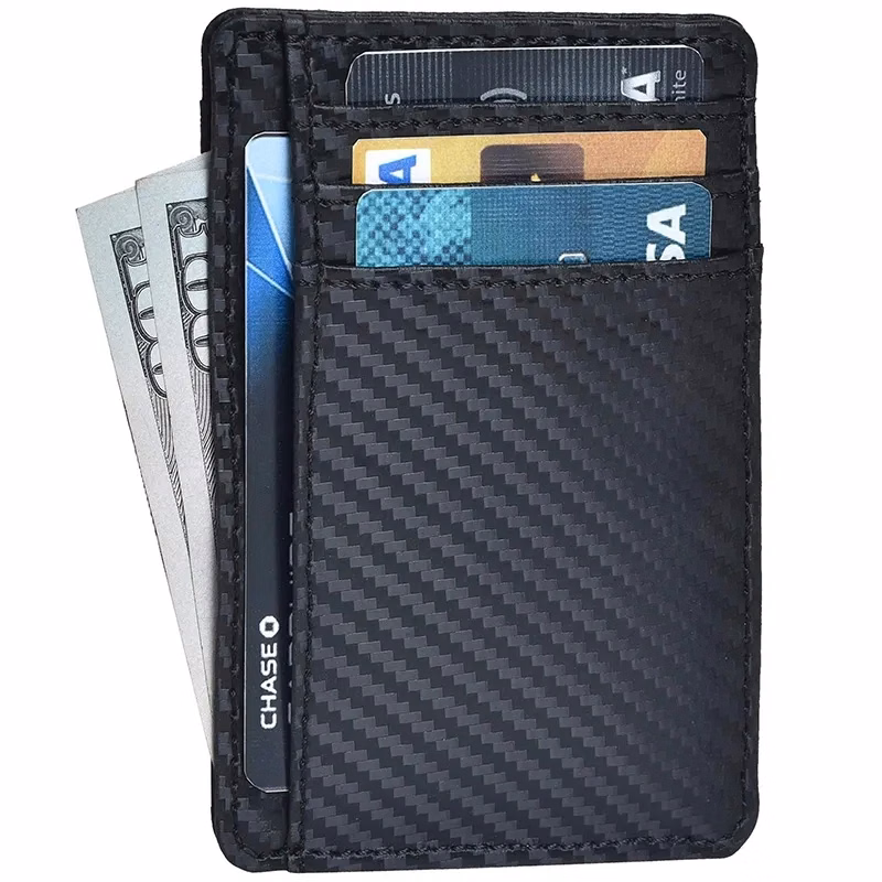 RFID Blocking Slim Leather Wallet Carbon Fiber Card Holder