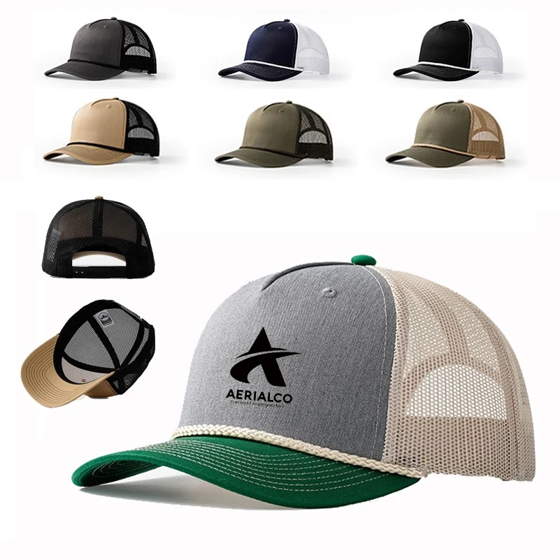 Blank 5 Panel Structured Green Cotton Trucker Hat With Rope 1