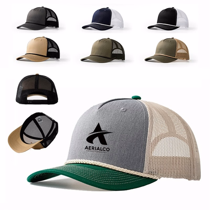 Blank 5 Panel Structured Green Cotton Trucker Hat With Rope