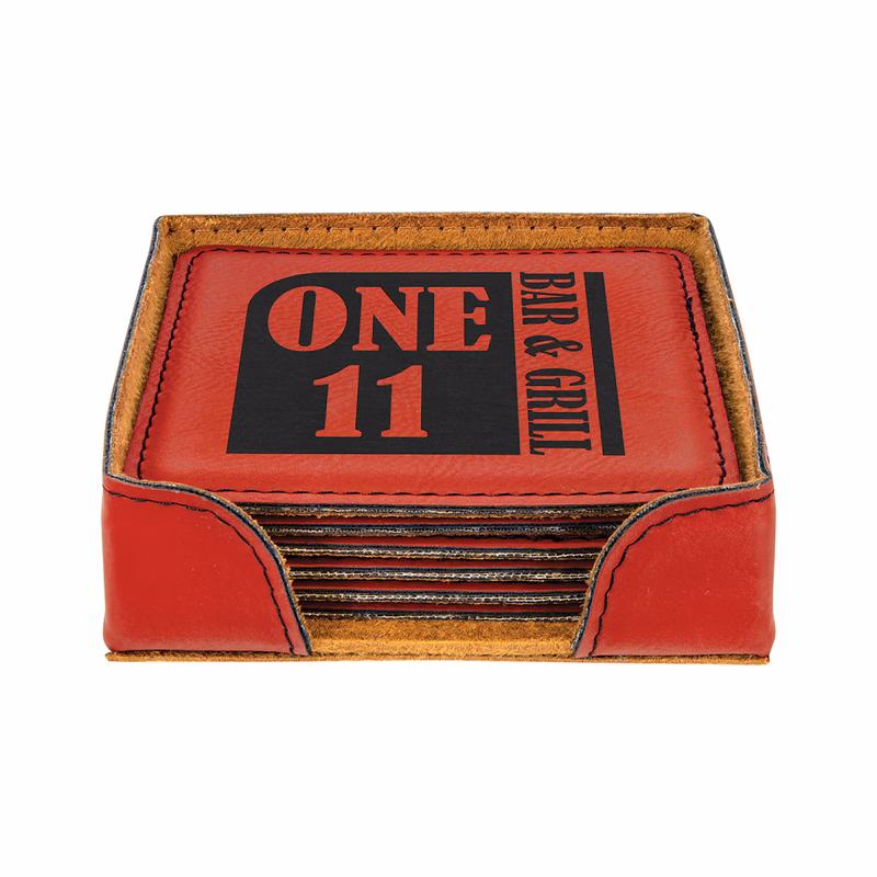Red Leatherette Square 6-Coaster Set