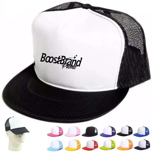 Custom Six-Panel Flat Bill Mesh Back Trucker Hat — Premium Branding Headwear