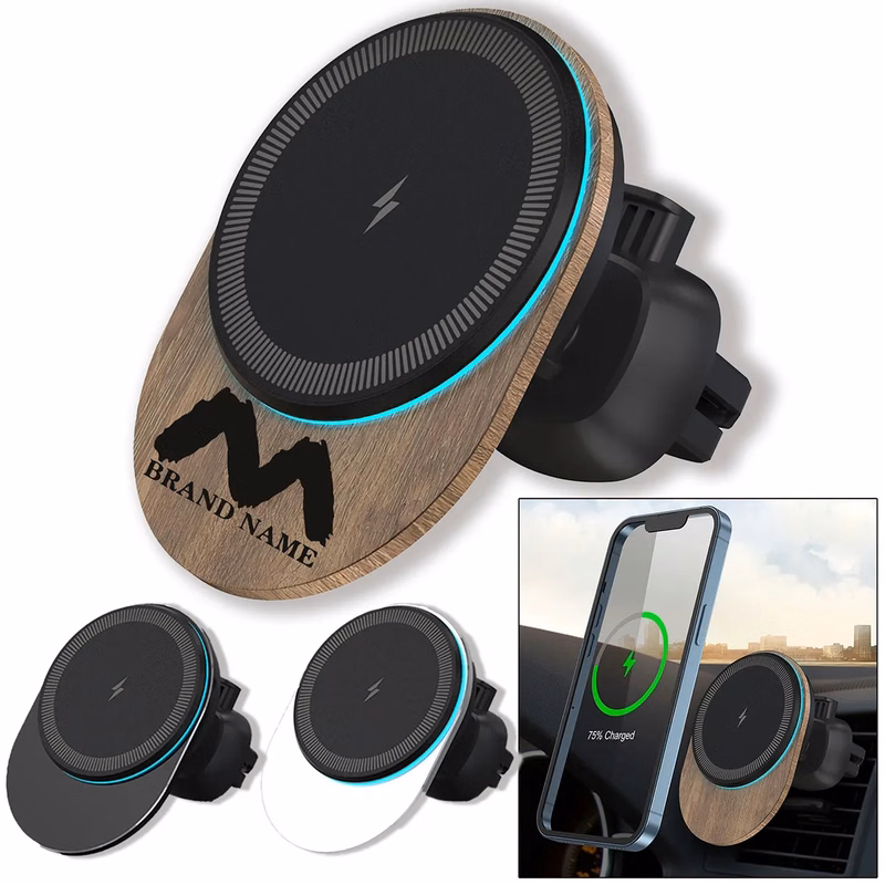 15W Bamboo Wood Magnetic Wireless Charger Car Phone Holder