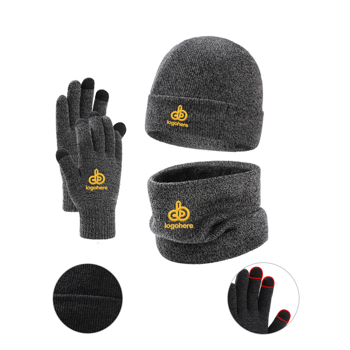 MOQ 20 Winter Knit Hat Scarf Touchscreen Gloves Set 1
