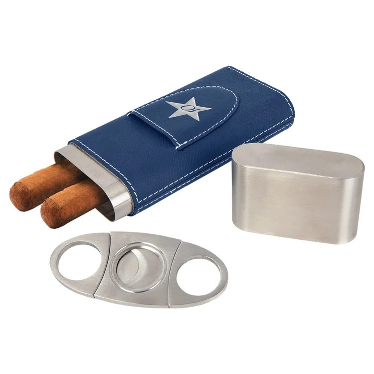 Blue/Silver Leatherette Cigar Case with Cutter 1