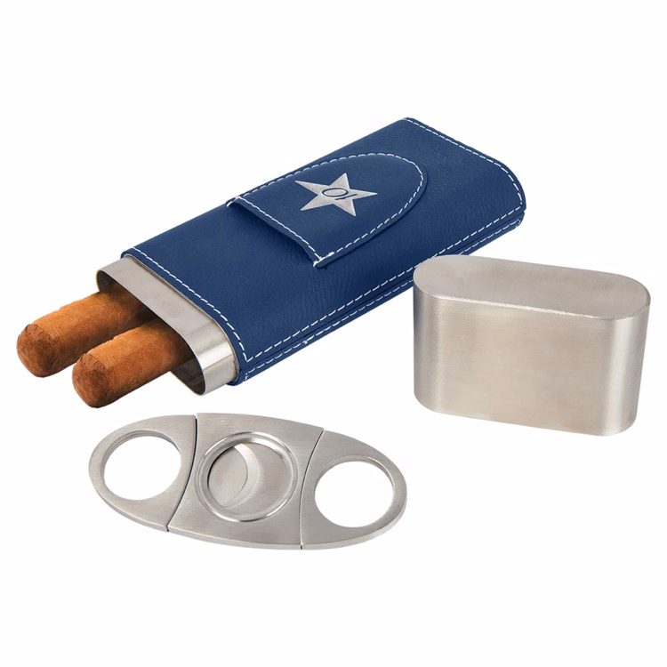 Blue/Silver Leatherette Cigar Case with Cutter