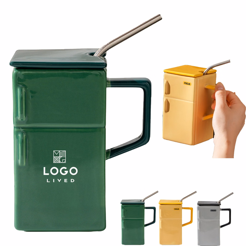 19 Oz Special Refrigerator Shaped Ceramic Mug With Straw