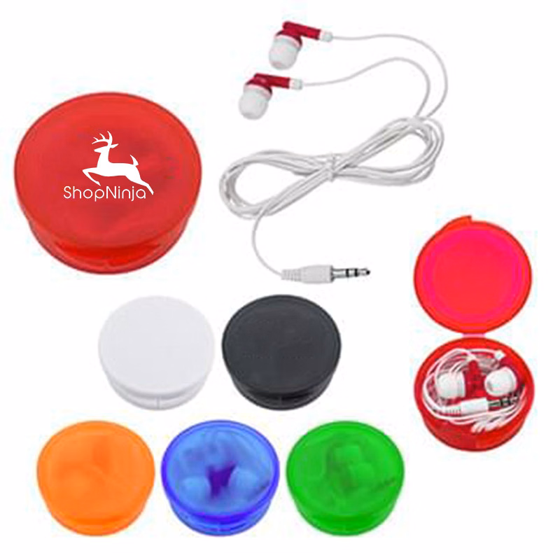 Handy Earbuds in a Round Plastic Case