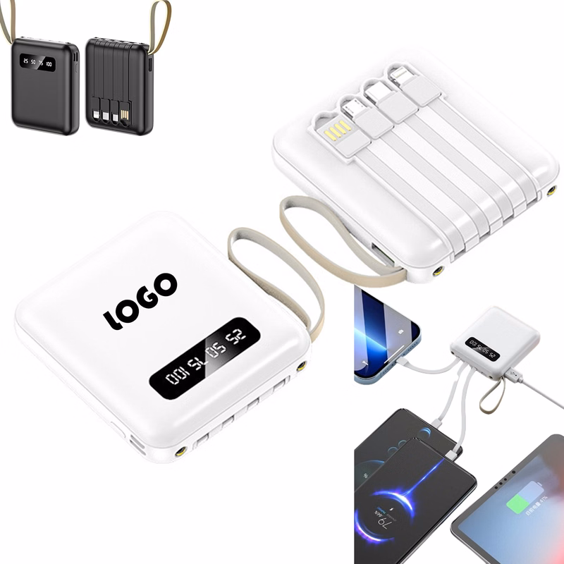 Mini Portable Power Bank With Built-In 3-In-1 Cable And Led Display
