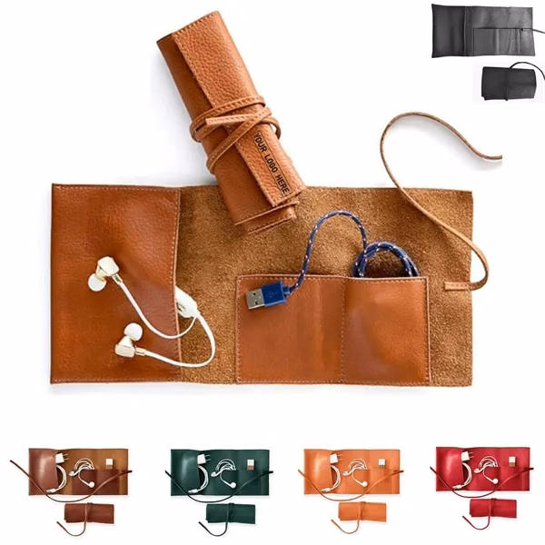 Genuine Leather Charger Roll Up, Electronics Cable Organizer