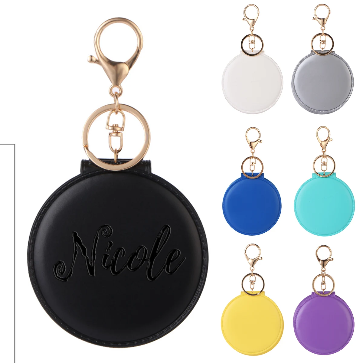 Round Leather Double Sided Makeup Mirror With Keychain 1