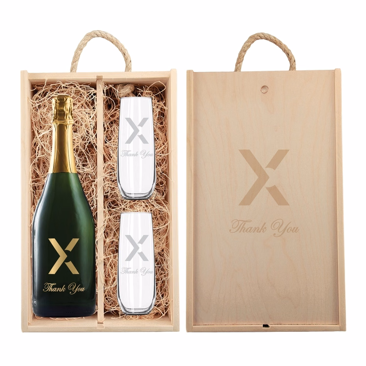 Laser-Engraved Wood Box w/Custom Etched Sparkling Wine Bottle + Flutes